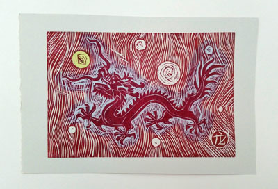 Dragon (i) [redyellowblue] (2016) woodcut on paper - Pui Lee